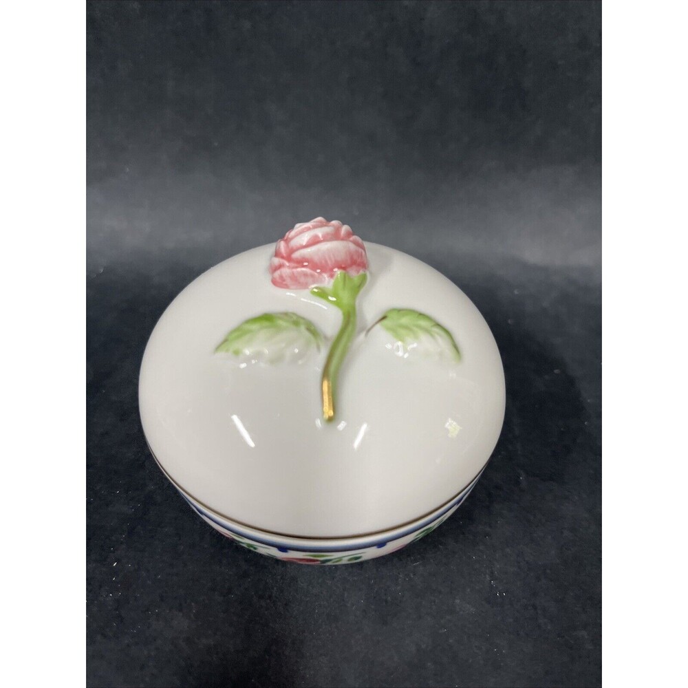VTG Orient Express Elizabeth Arden Trinket Box 3D Rose‎ Round Ceramic 3” Japan